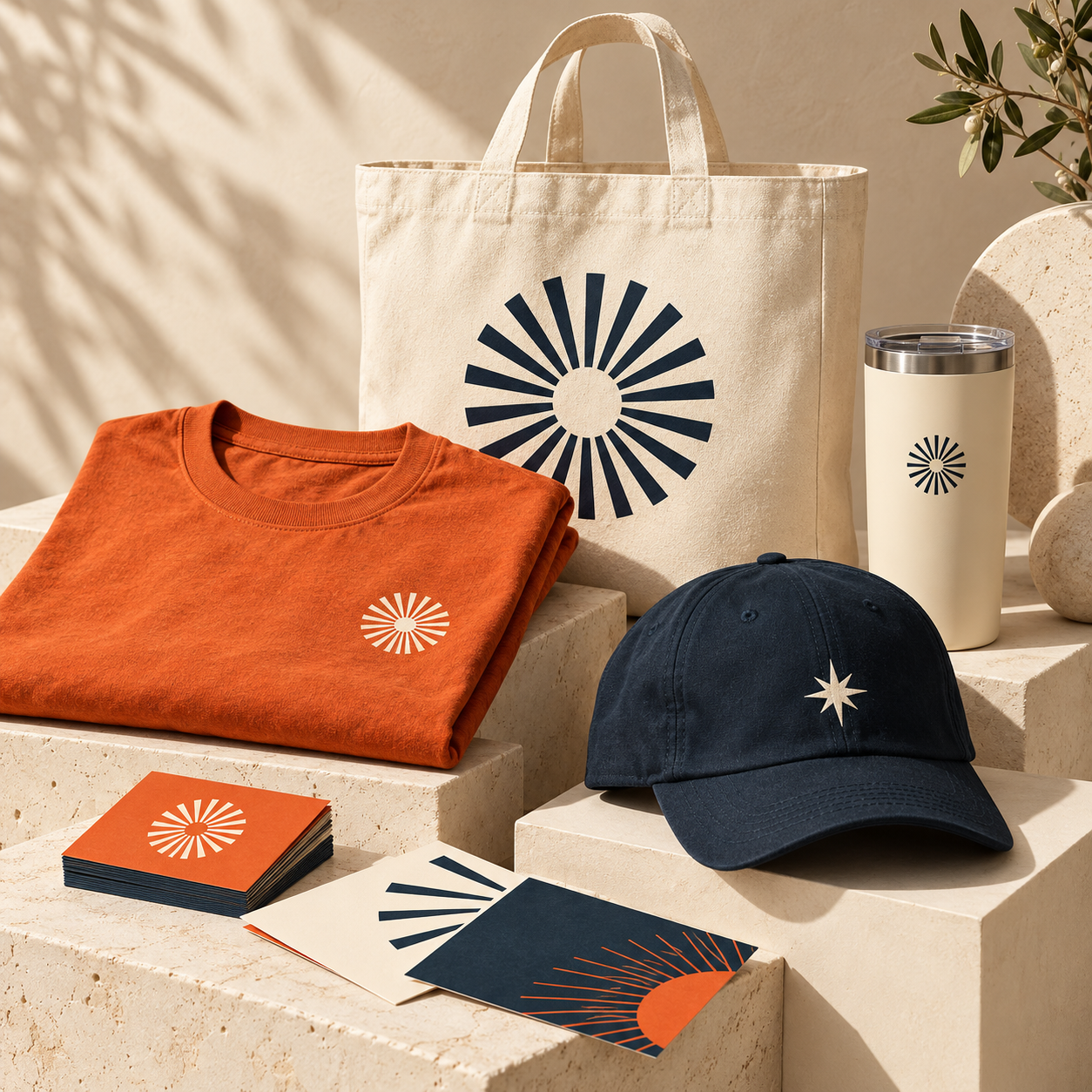Illustrative coordinated brand kit with orange shirt, navy cap, canvas tote, tumbler and printed cards